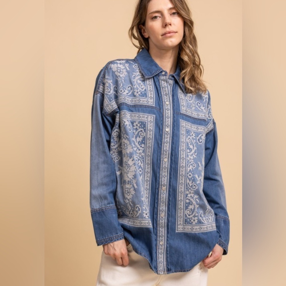 Bluevelvet Cross-Stitch Denim Blue Patterned Pearl Snap Button Down Shirt